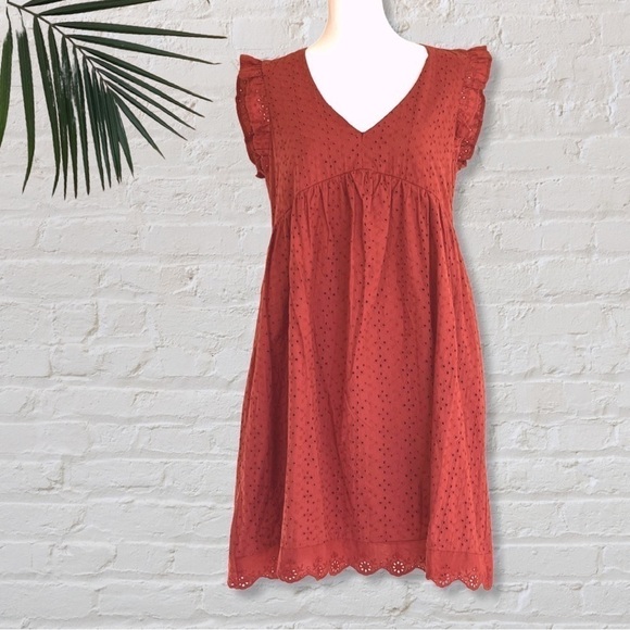 Knox Rose Short Sleeve Eyelet Mini Dress in Rust Brown Size XS - Picture 3 of 9